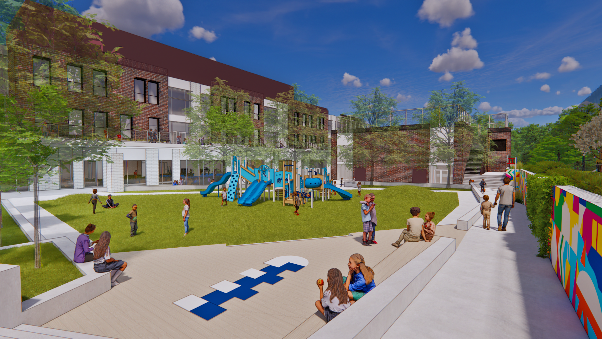 architect's drawing of a brick building with a courtyard and playground equipment