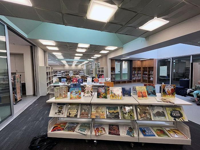 a library with books on shelves