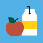 Graphic for school meals with a milk carton or juice box and a red apple