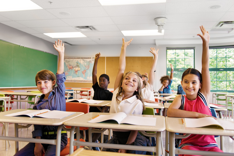 students raising their hands in class